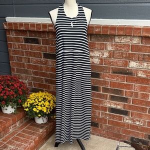 Lands' End Women's Keyhole High Halter Neck Black White Striped Maxi Dress